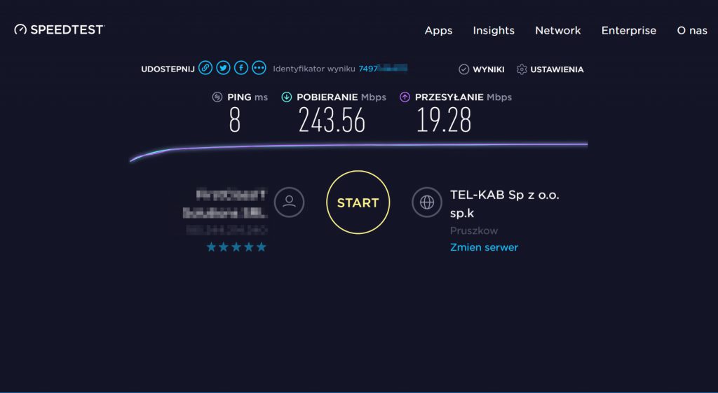 NordVPN wynik testu prędkości Speedtest